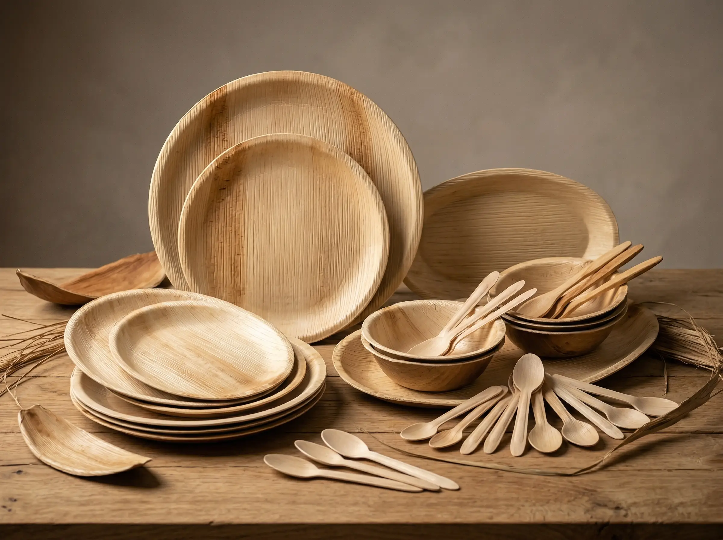 Stacked areca palm leaf plates and compostable tableware ready for export
